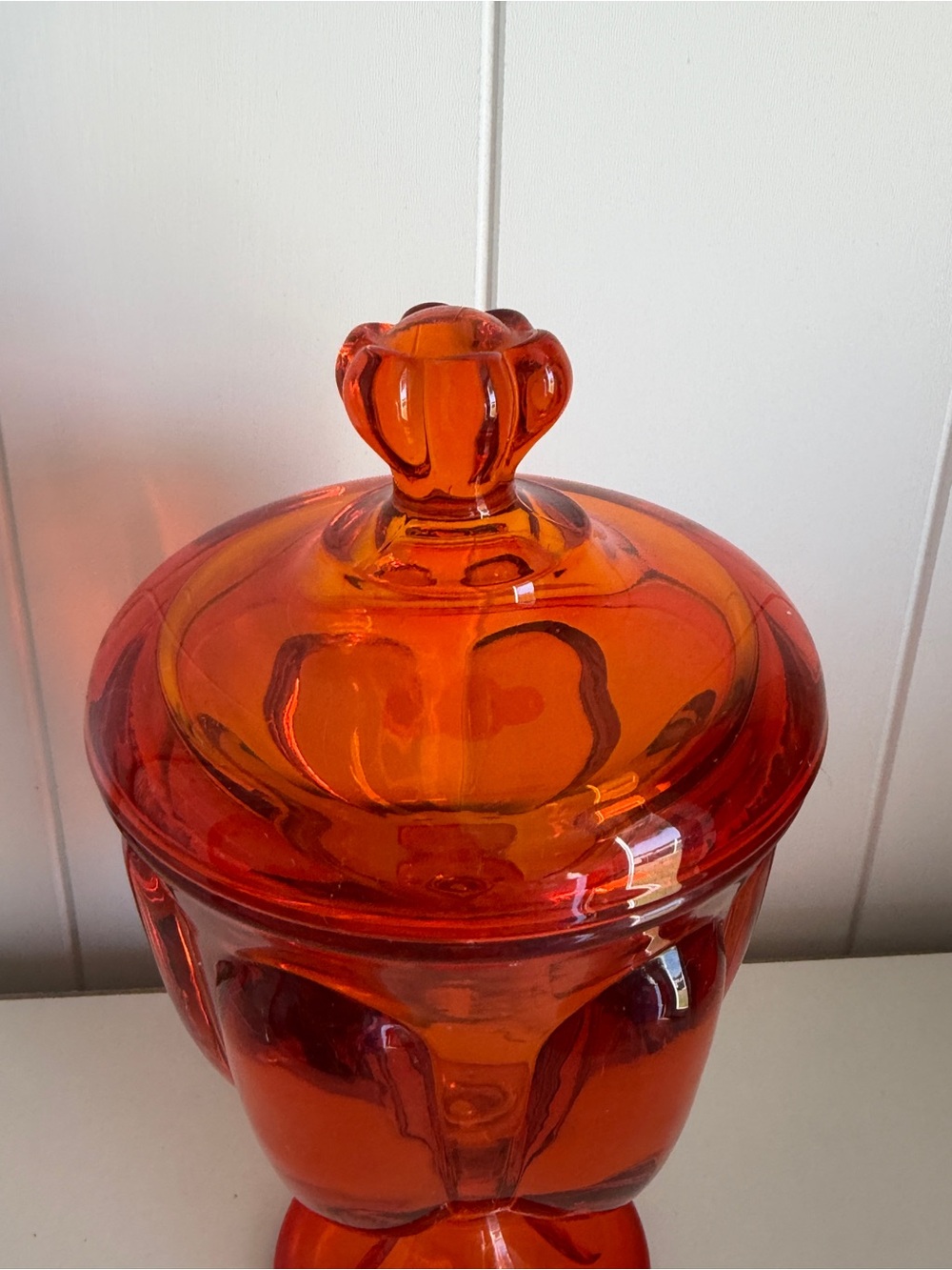 Vintage Viking Glass Epic Six Petal Covered Candy Dish Persimmon Orange UV Glow - Picture 6 of 9